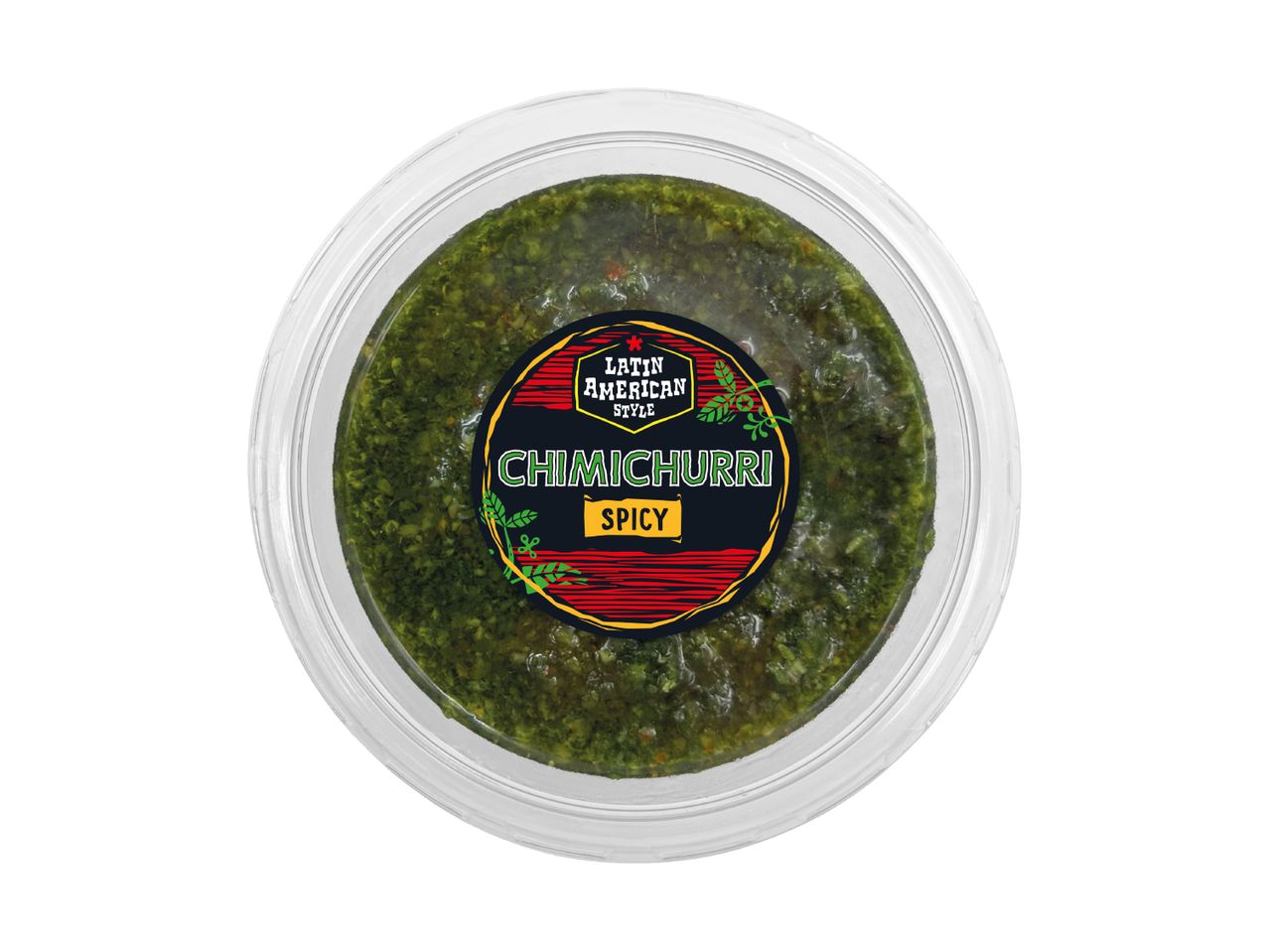 A clear plastic container of spicy Latin American style chimichurri sauce.