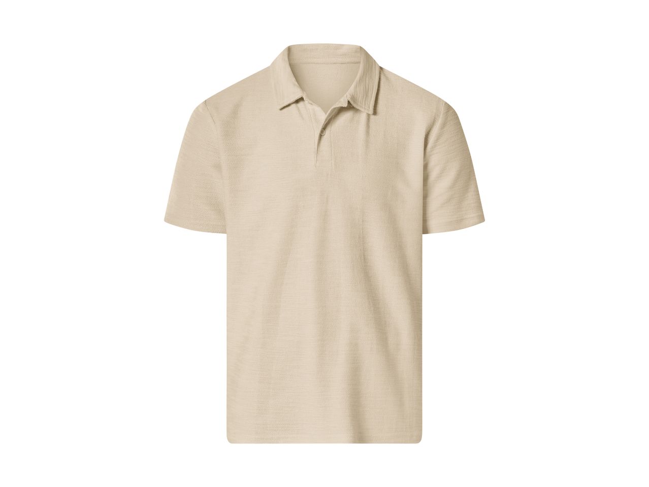 A light beige short-sleeved polo shirt with a collar and two buttons.
