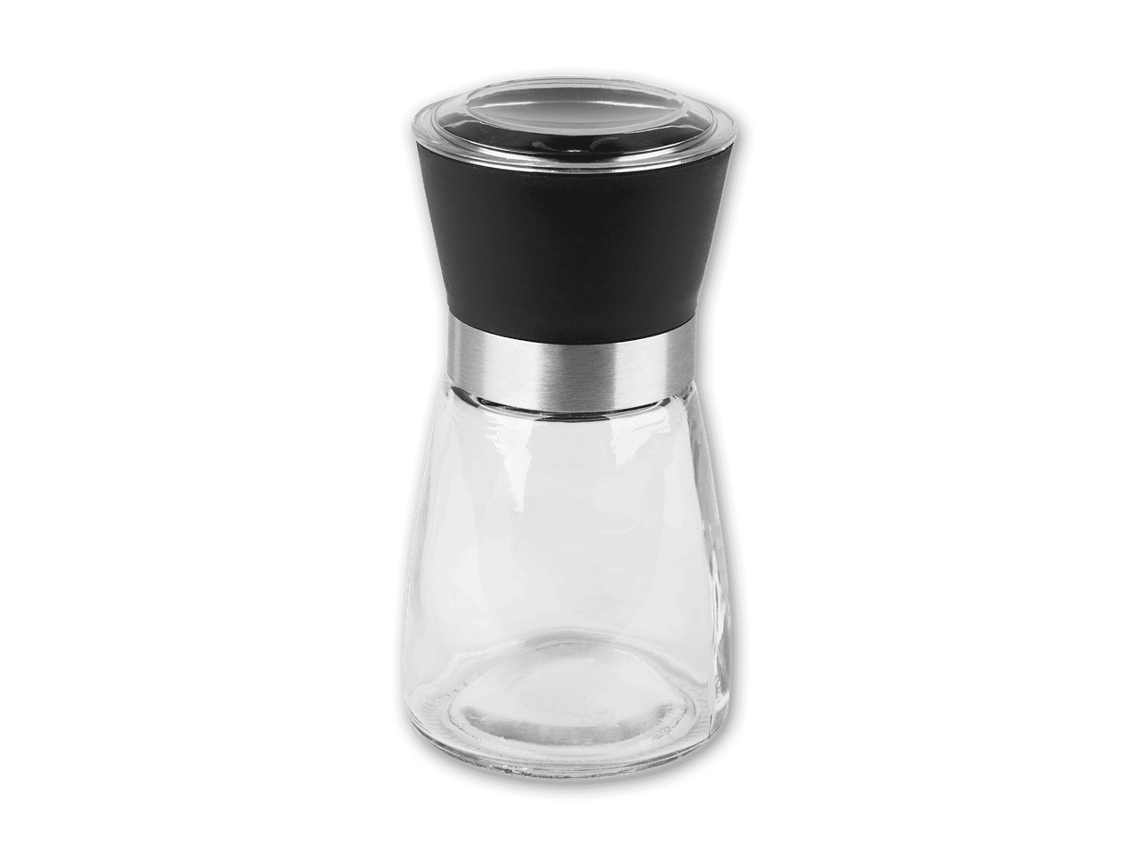 Salz- oder Pfeffermühle aus Glas mit schwarzem Deckel und silbernem Band
