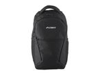 Black backpack with a top handle, front zipper pockets, and side mesh pockets.