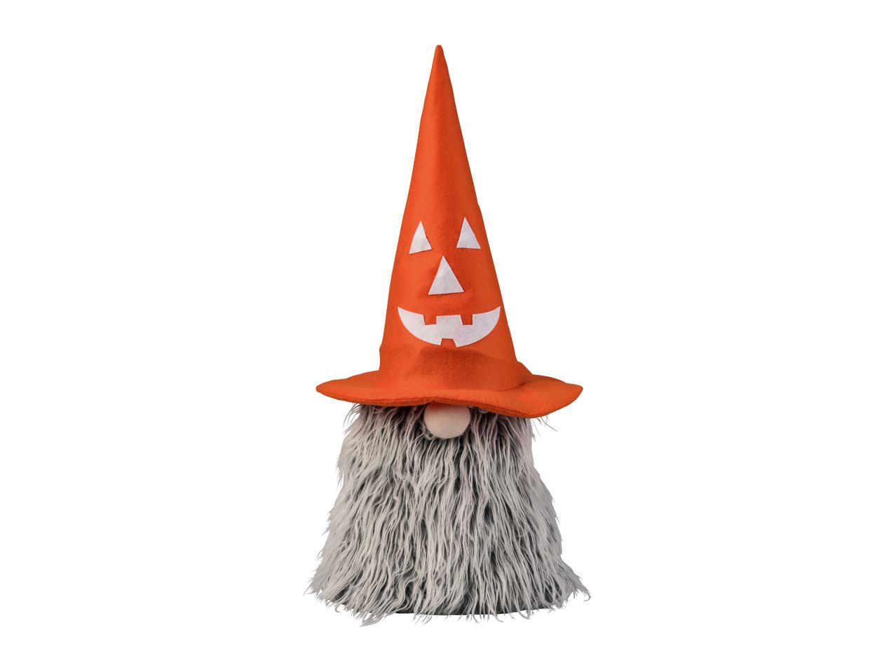 Halloween gnome decoration with a grey beard and an orange jack-o'-lantern hat