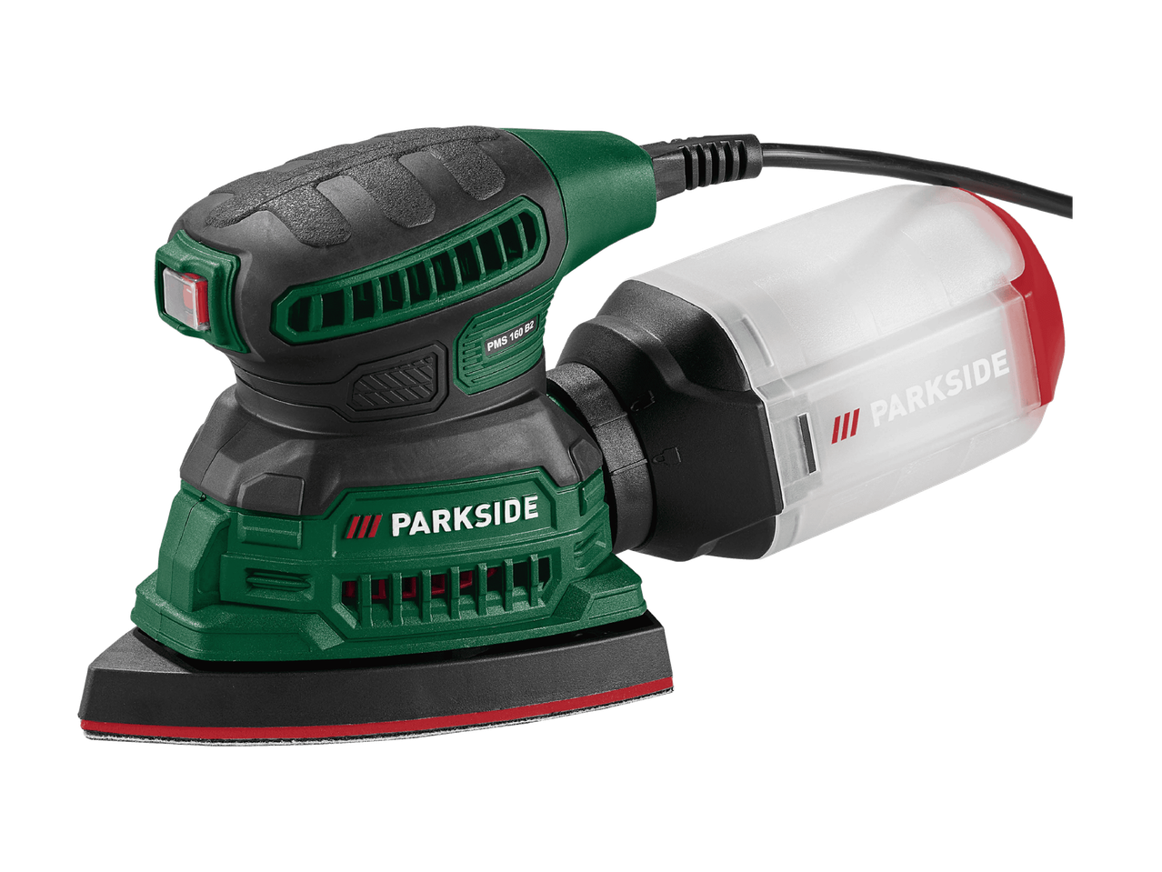 Schwingschleifer mit transparentem Staubbeutel, schwarzem Kabel und rotem Schalter.