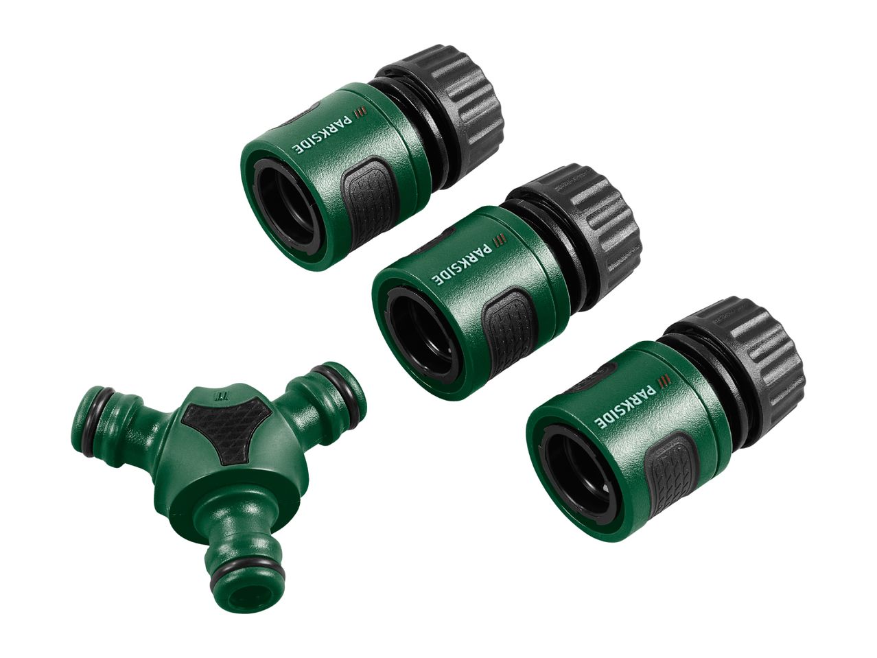 Three green hose connectors and a green Y-splitter for garden hoses.