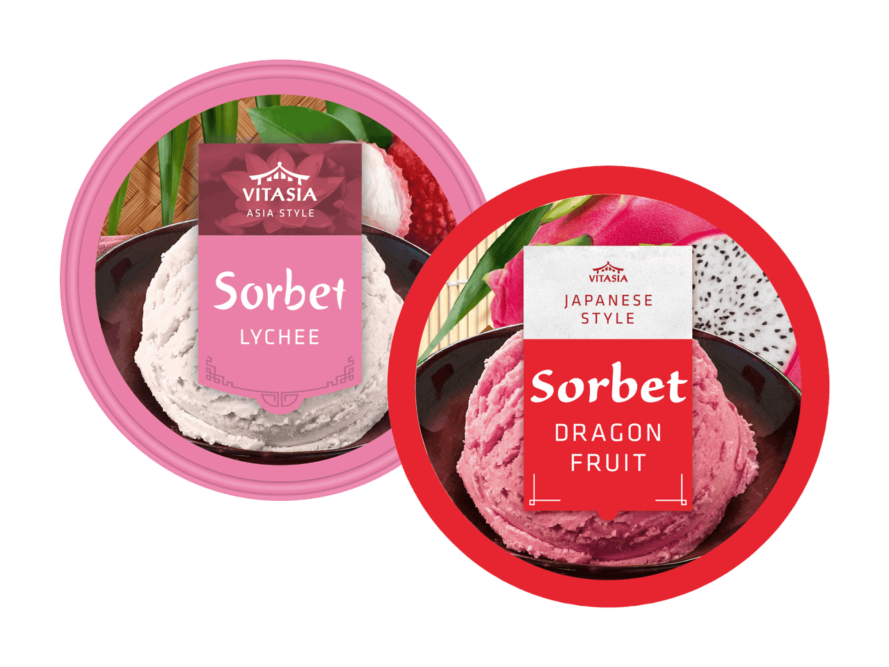 Zwei Schalen Sorbet: Lychee-Sorbet und Drachenfrucht-Sorbet, beide asiatisch inspiriert.