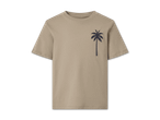 Beigefarbenes T-Shirt mit Palmen-Print.