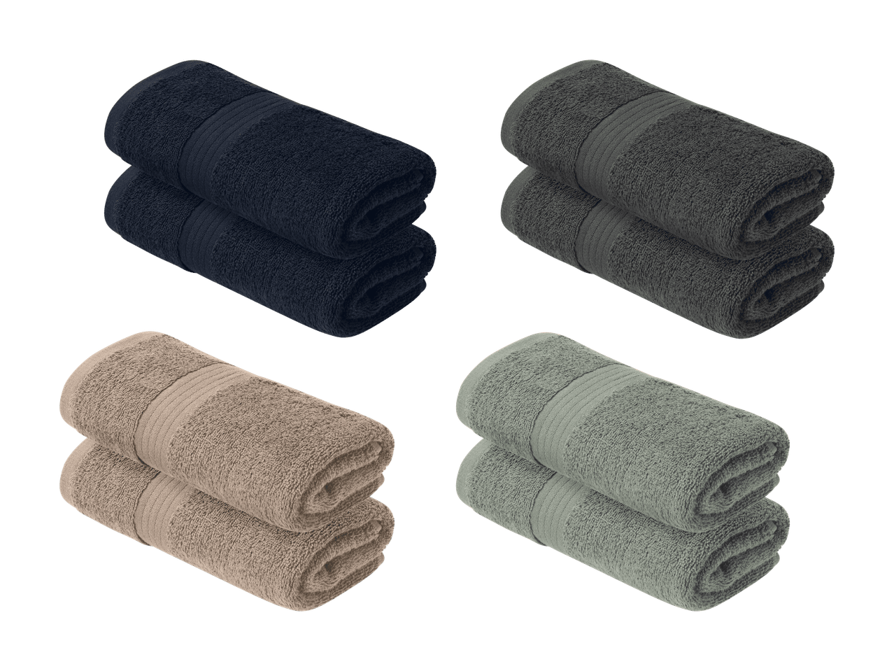 Set di asciugamani in spugna di cotone in quattro colori: blu scuro, grigio, beige e verde salvia.