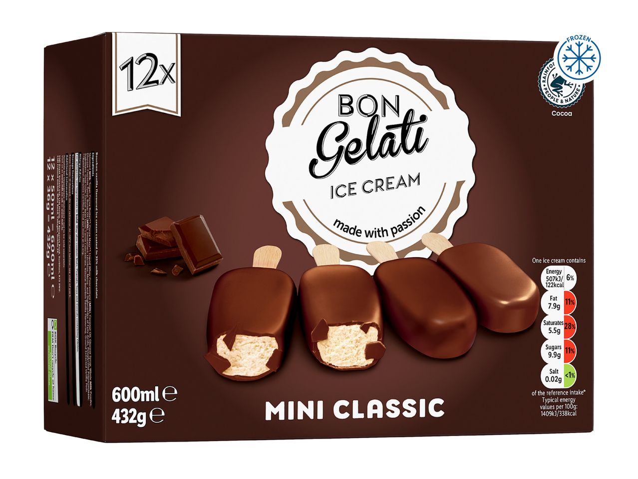 Box of 12 mini classic ice cream bars with vanilla ice cream and milk chocolate coating.