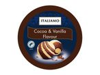 Round label for Italiamo Cocoa & Vanilla Flavour, featuring two striped cookies.