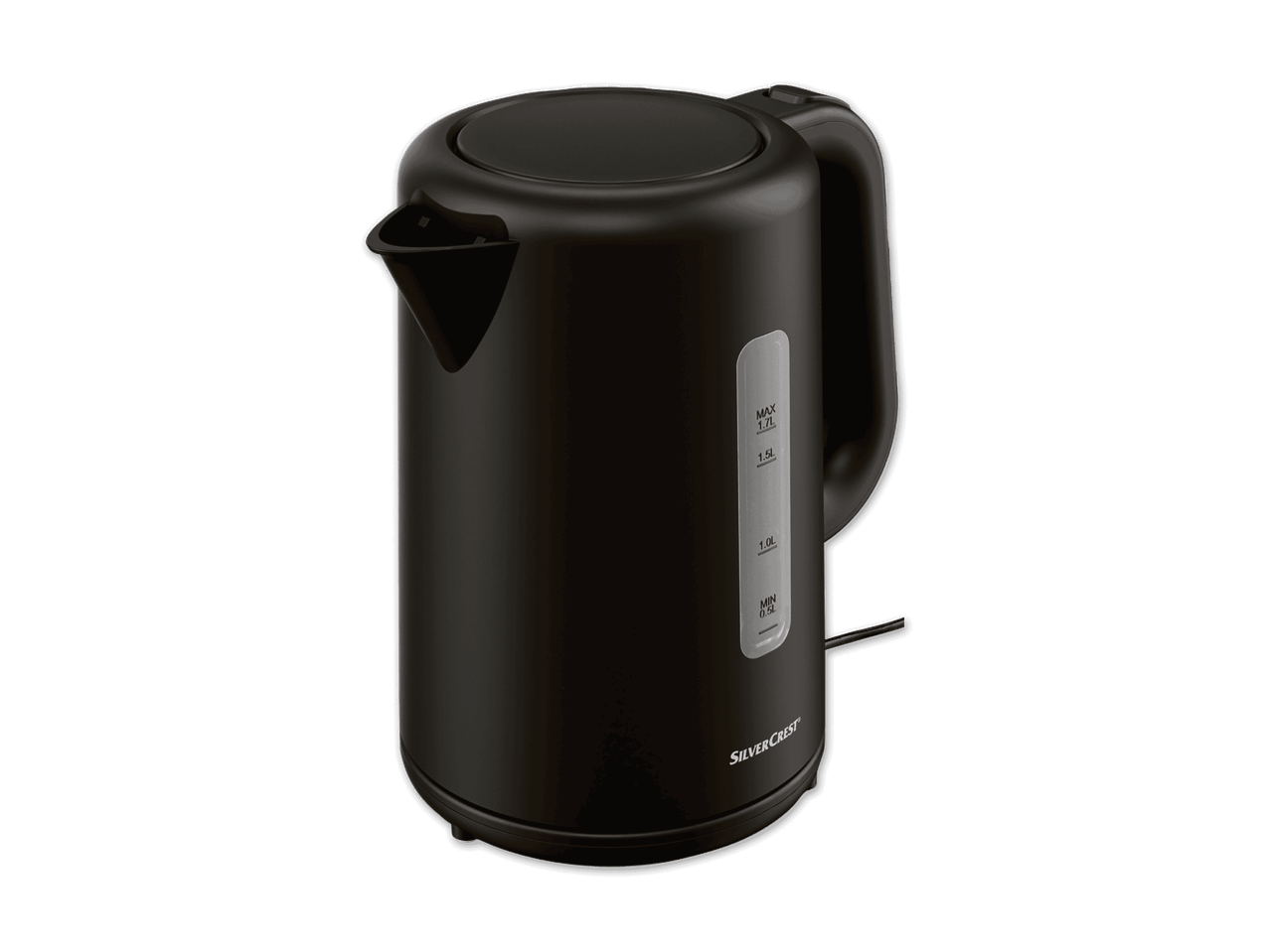 Eine schwarze Wasserkocher der Marke SilverCrest.
