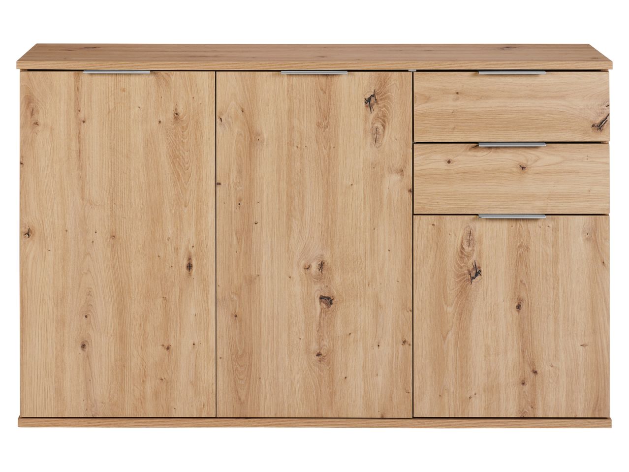 Credenza in legno chiaro con tre ante e due cassetti.