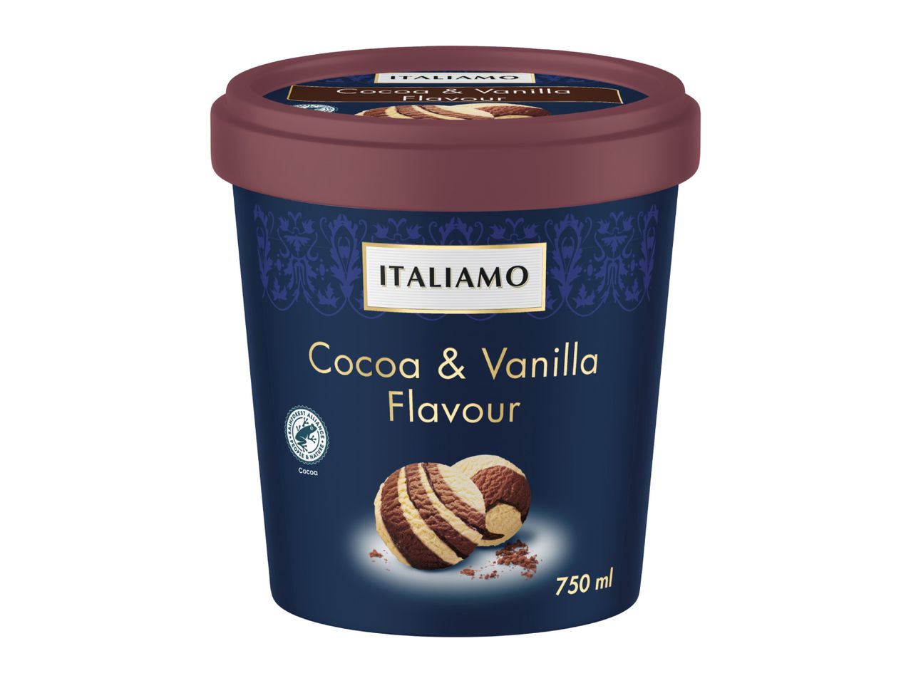 A tub of cocoa and vanilla flavour ice cream, 750 ml, with a Rainforest Alliance cocoa seal.