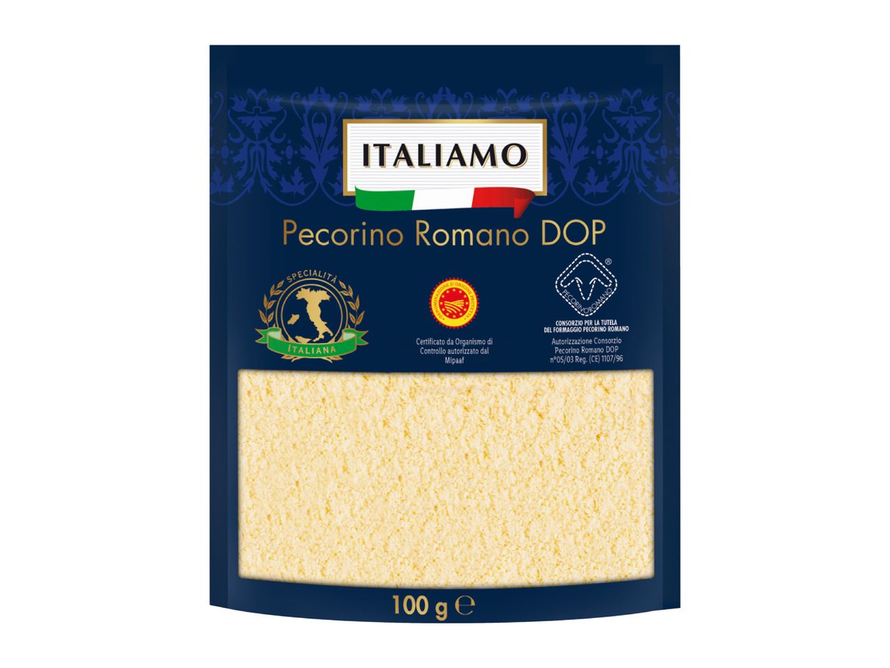 Pecorino Romano DOP cheese in a 100g package, with Italian flag and quality seals.