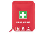 Червена аптечка с бял кръст, надпис 'FIRST AID KIT' и икони за туризъм, колоездене и къмпинг.