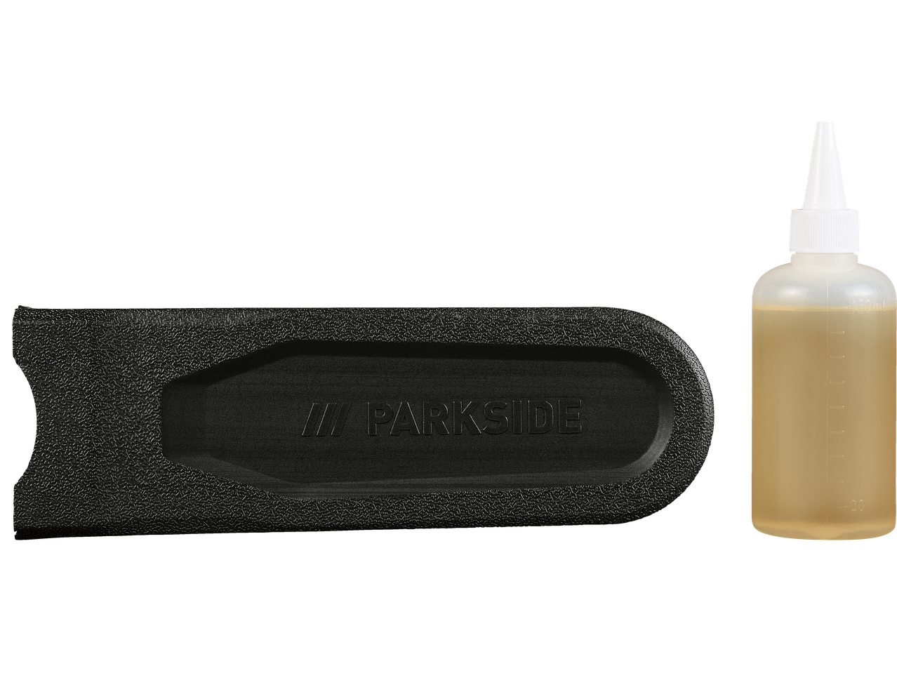 PARKSIDE chainsaw bar cover and oil bottle.