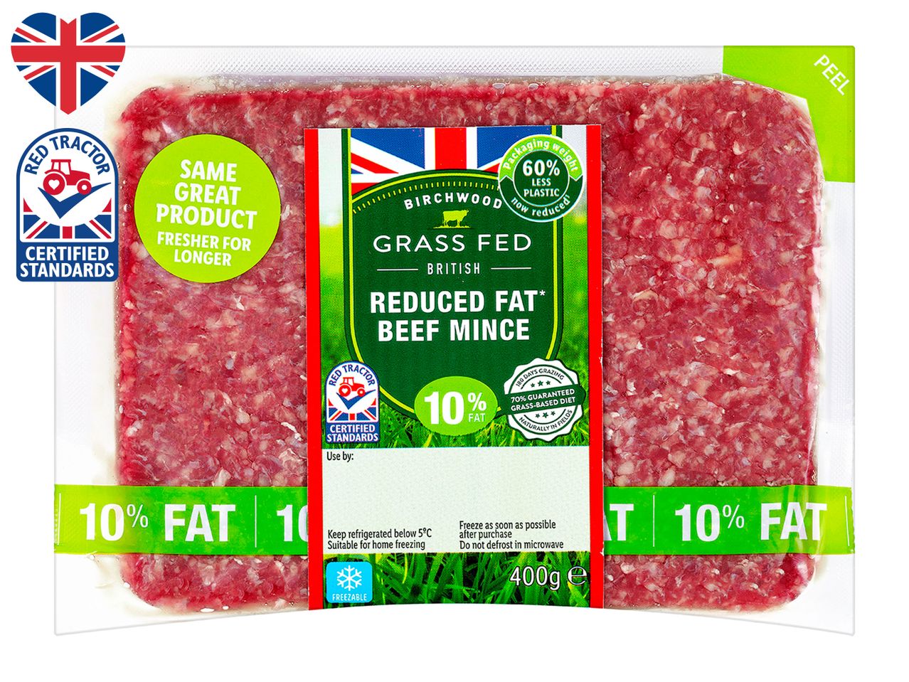 Birchwood reduced fat (10%) beef mince, Red Tractor certified.