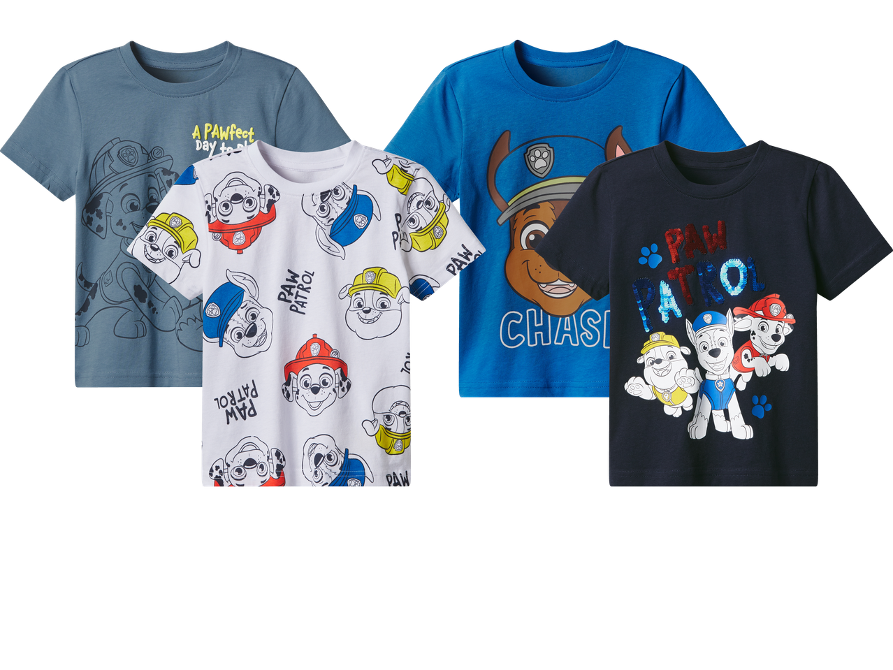 Fyra Paw Patrol-t-shirts för barn i olika färger och mönster.