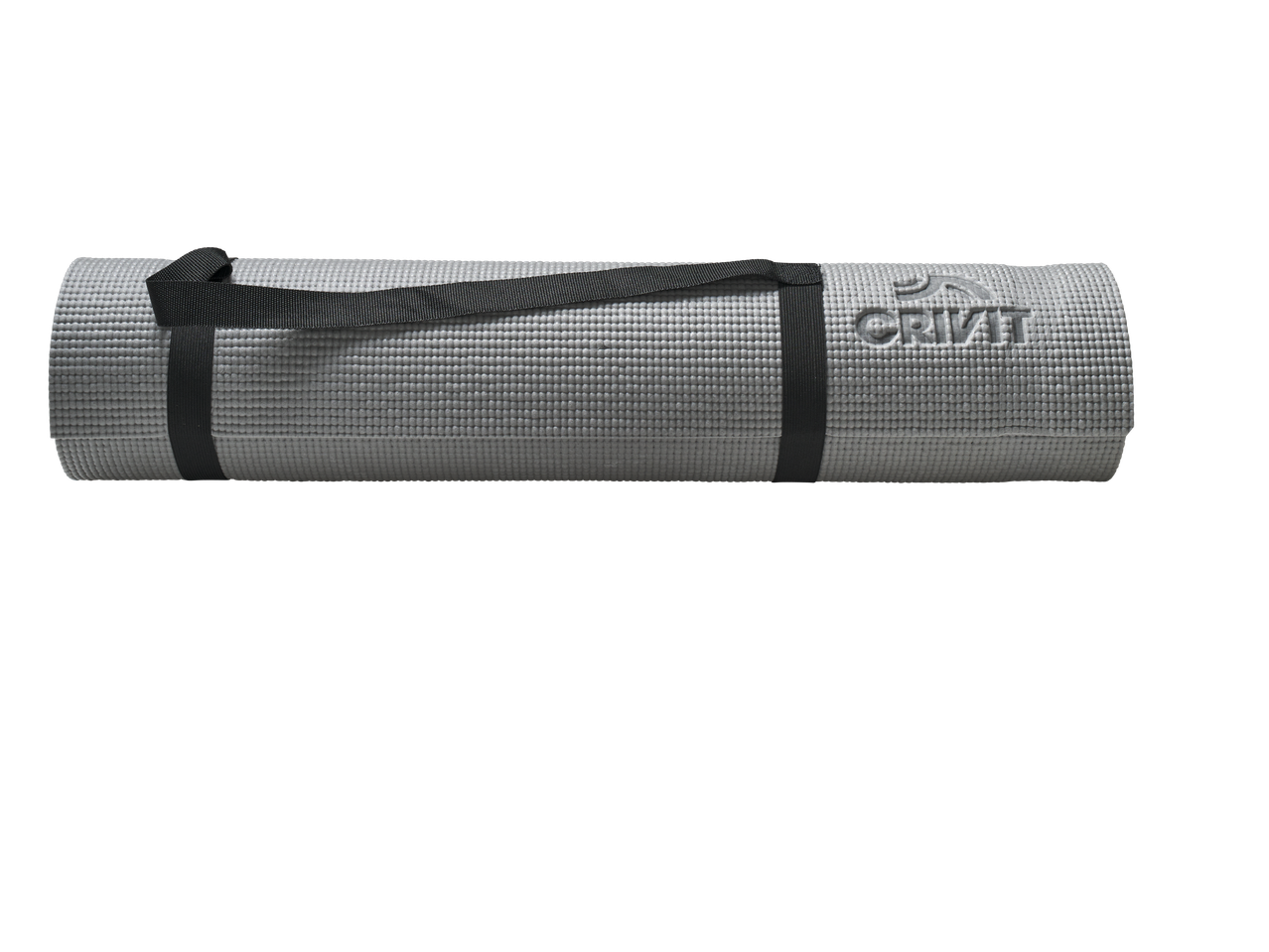 Сива постелка за упражнения Crivit, навита и закрепена с черни презрамки.