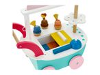 Wooden toy ice cream cart with colorful ice cream scoops and cones.