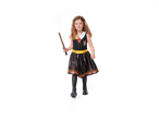 A young girl dressed in a Harry Potter Gryffindor costume, holding a wand.