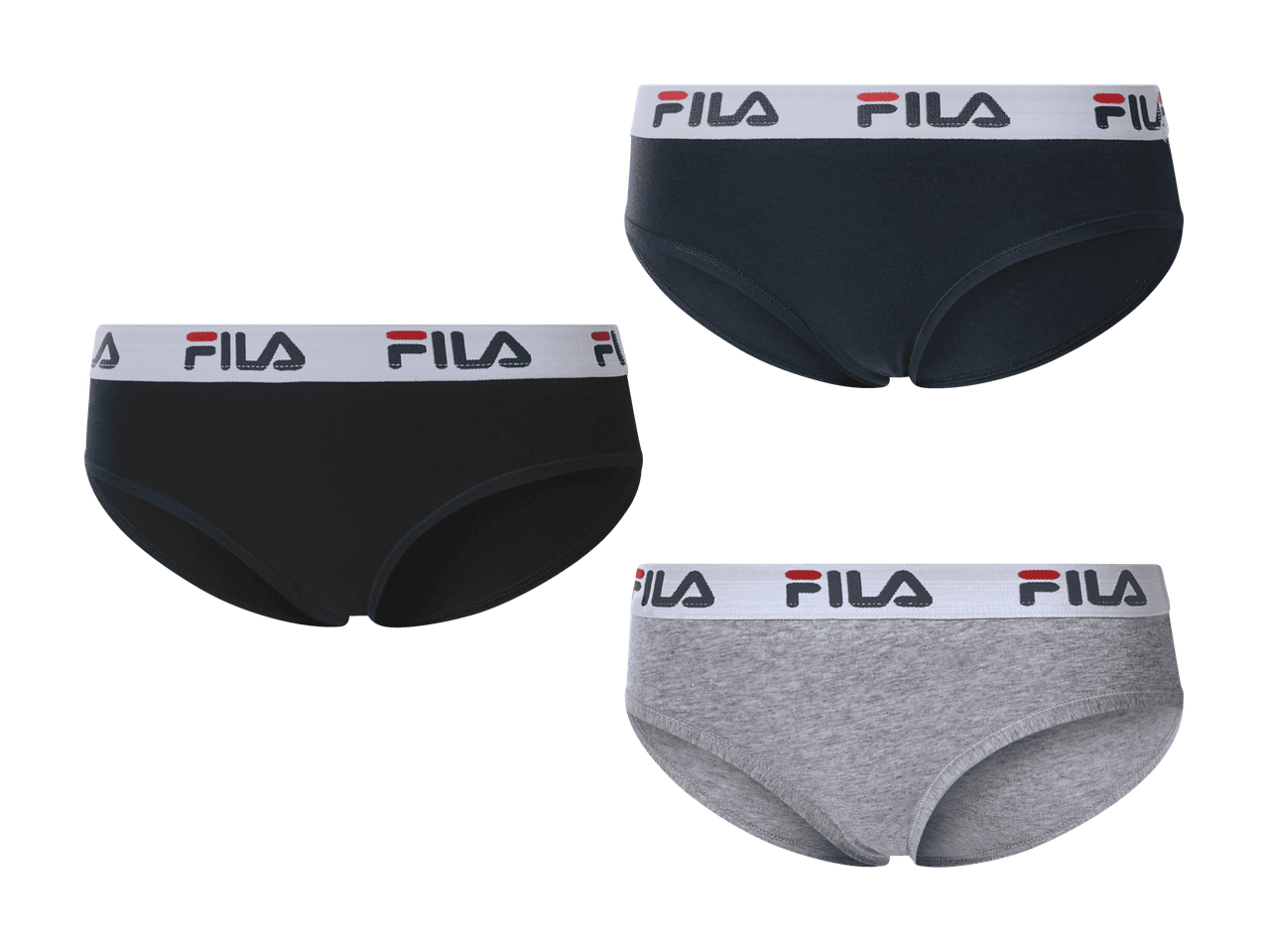 Dreierpack Fila Damen-Slips in Schwarz, Grau und Marineblau.