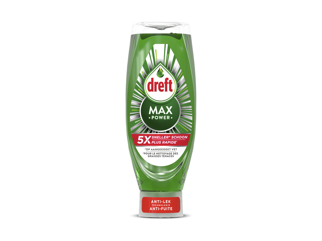 Groene fles afwasmiddel met de tekst 'MAX POWER', '5X SNELLER SCHOON' en 'ANTI-LEK TECHNOLOGIE'.