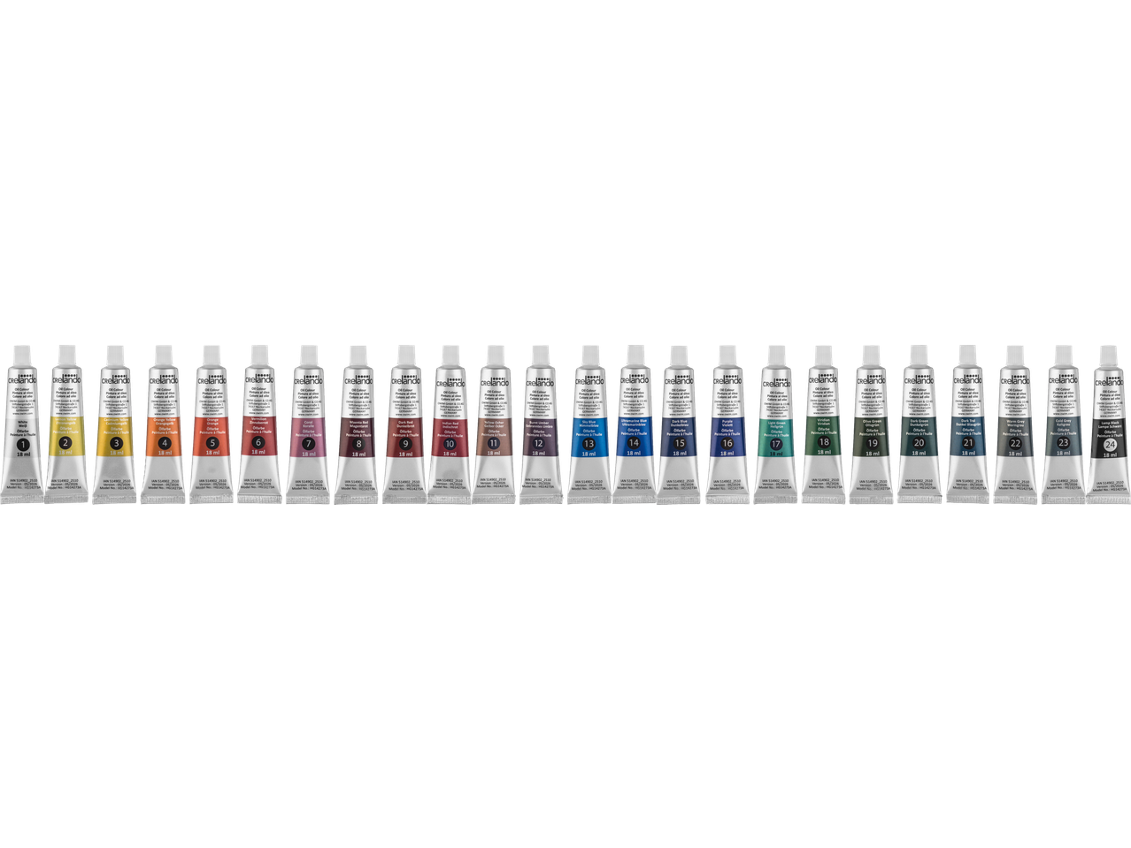 CRELANDO olieverf in 24 verschillende kleuren, genummerd 1 tot 24, in tubes van 18 ml.
