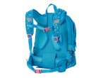 Mochila escolar azul com estampa de bolinhas.