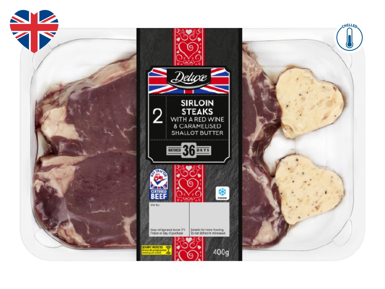 Two sirloin steaks with red wine and caramelised shallot butter, 36-day matured, 400g, chilled.