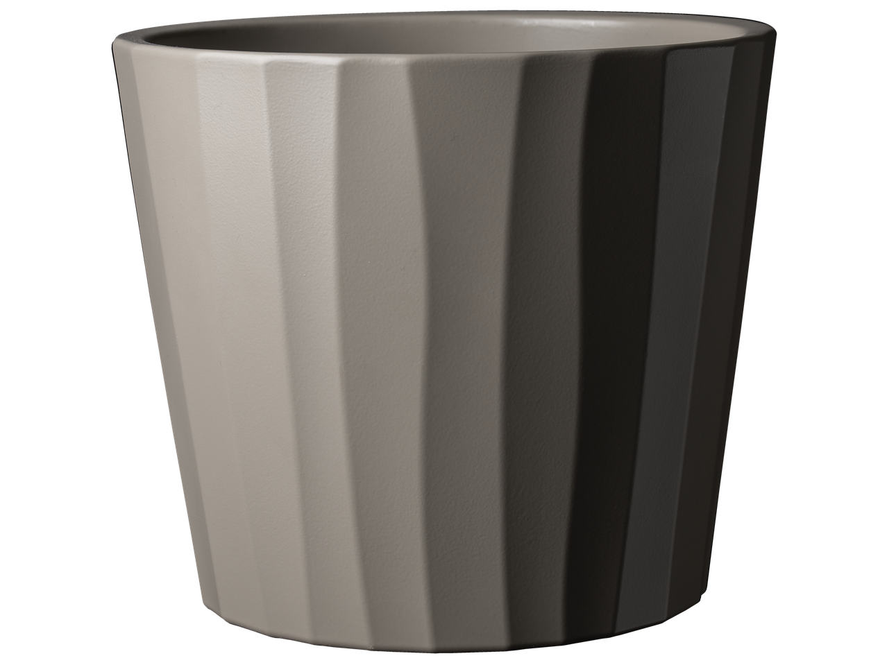 A taupe-colored, fluted planter sits against a black background.
