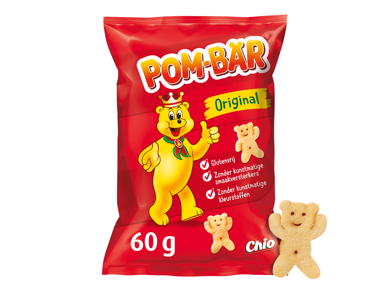 Een rode zak glutenvrije aardappelchips in de vorm van beertjes, met een gewicht van 60 gram.