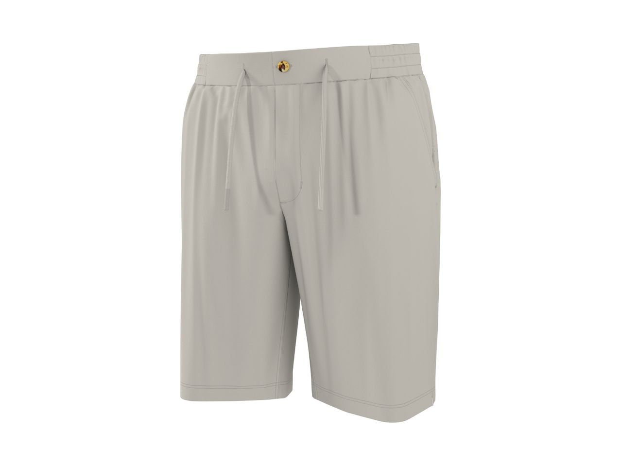 Light grey men's shorts with a drawstring waist and a decorative button.