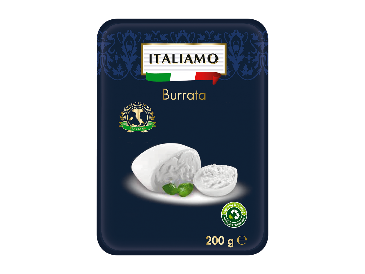 Emballage de burrata avec une boule de fromage et une coupelle de farce crémeuse, sur fond bleu foncé.