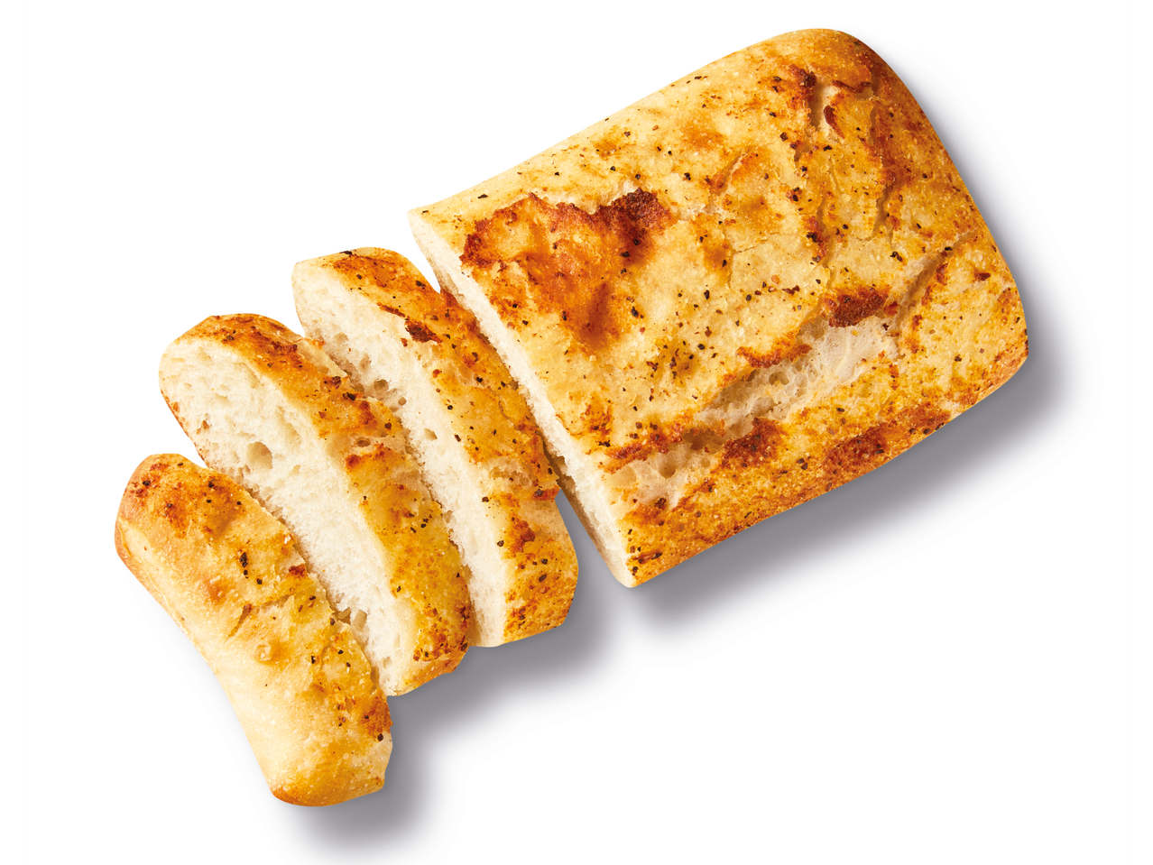Ein Knoblauchbrot ist in vier Stücke geschnitten.