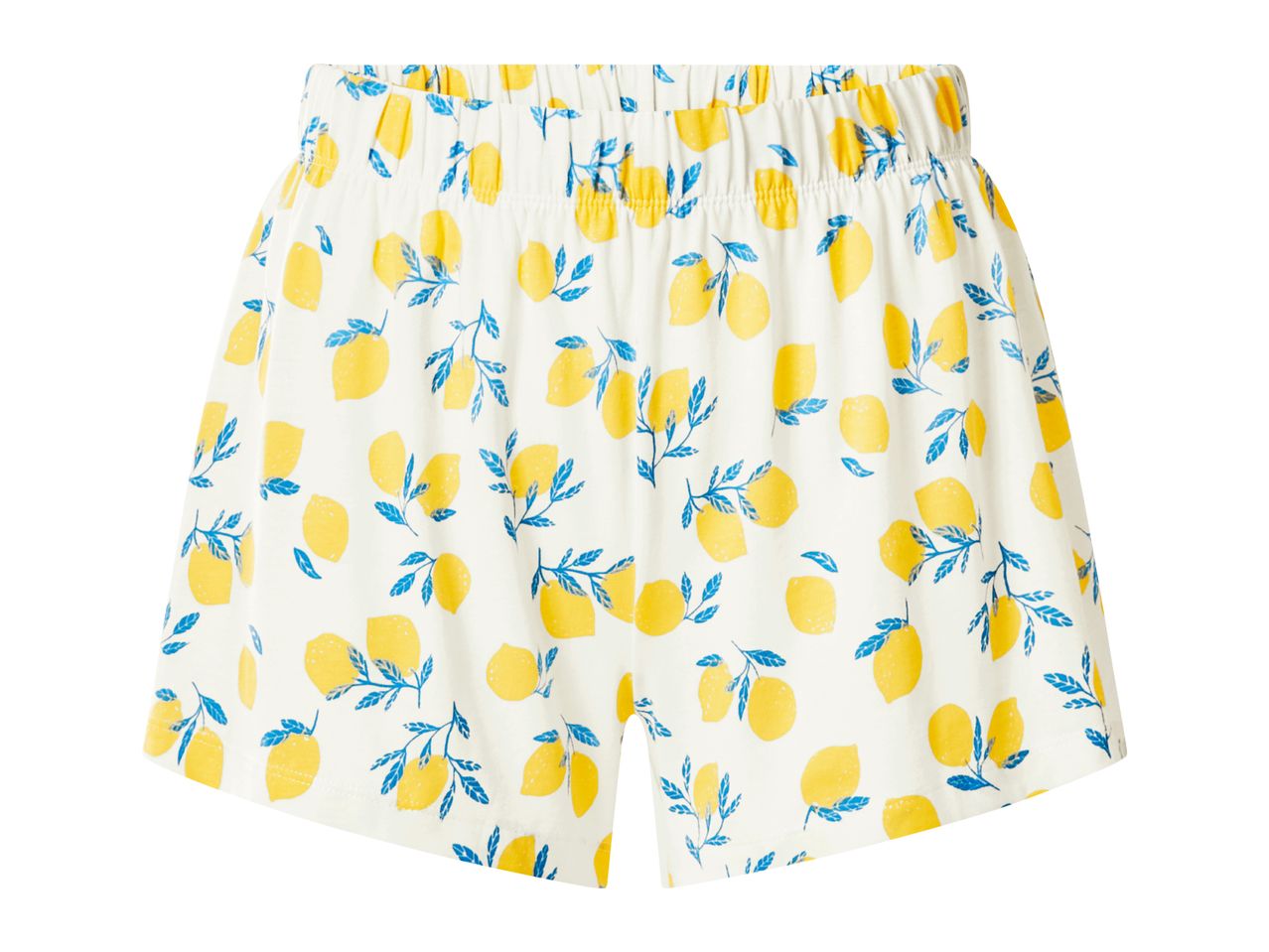 White shorts with a yellow lemon and blue leaf pattern, featuring an elasticated waist.