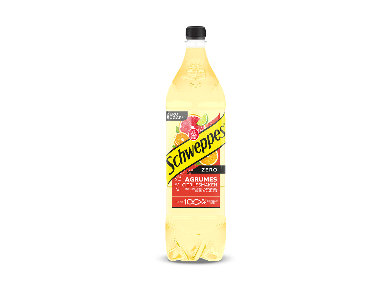 Fles citrusfrisdrank met nul suiker, gemaakt van 100% gerecycled plastic.