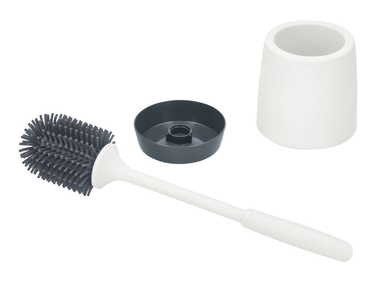 Toilet brush with silicone bristles, a dark grey base, and a white holder