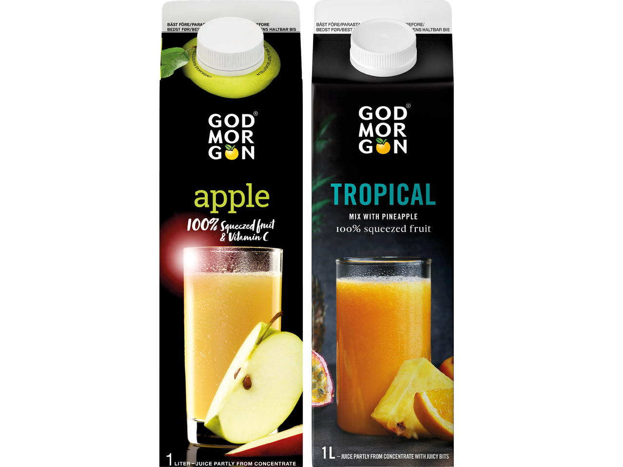 Två God Morgon juicepaket, äpple och tropisk, med glas av varje juice.