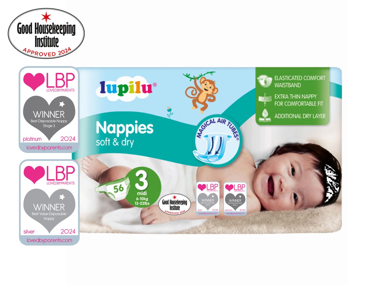 Lupilu soft & dry nappies, award-winning from LovedByParents and Good Housekeeping Institute.