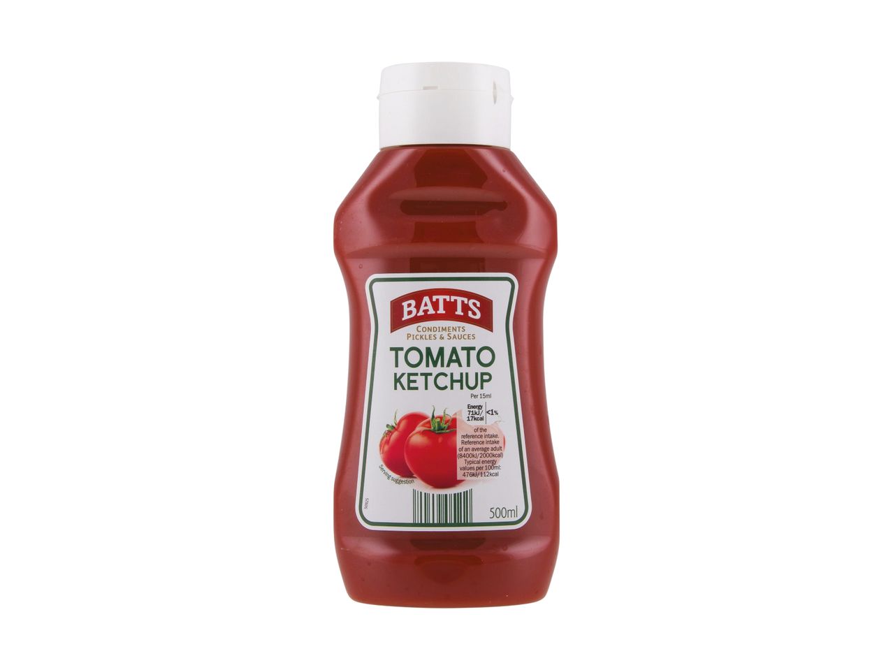 Tomato ketchup bottle with a white cap and a label showing tomatoes and nutritional information.
