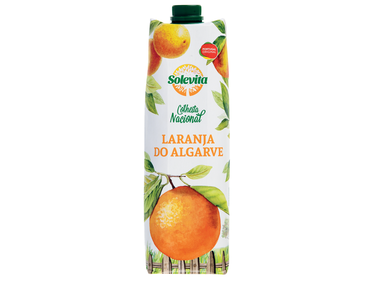 Carton de sumo Solvita Néctar de Laranja do Algarve com laranjas e folhas.