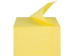 A cube of yellow sticky notes with one note peeled back.