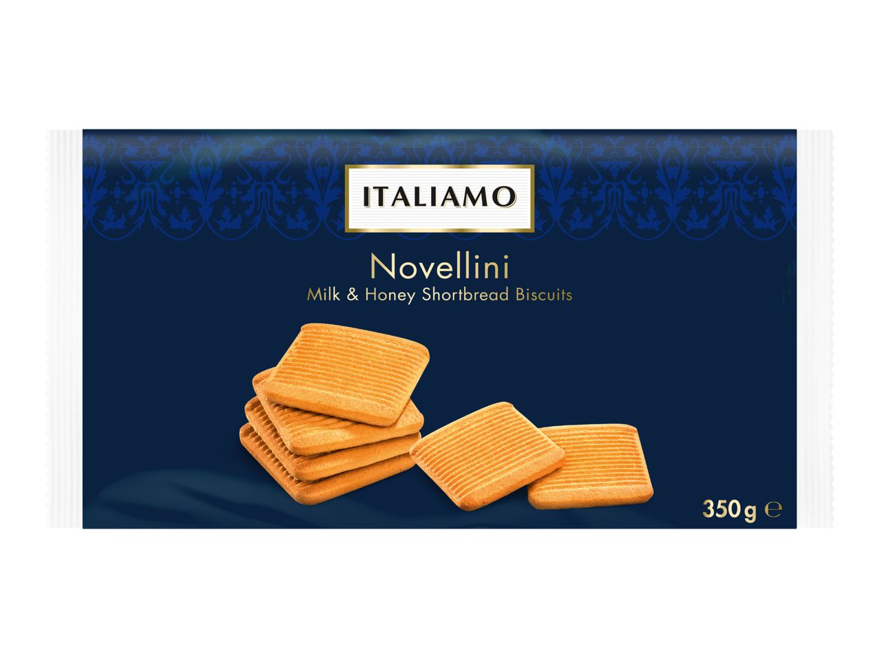 A package of Italian Novellini Milk & Honey Shortbread Biscuits, 350g.