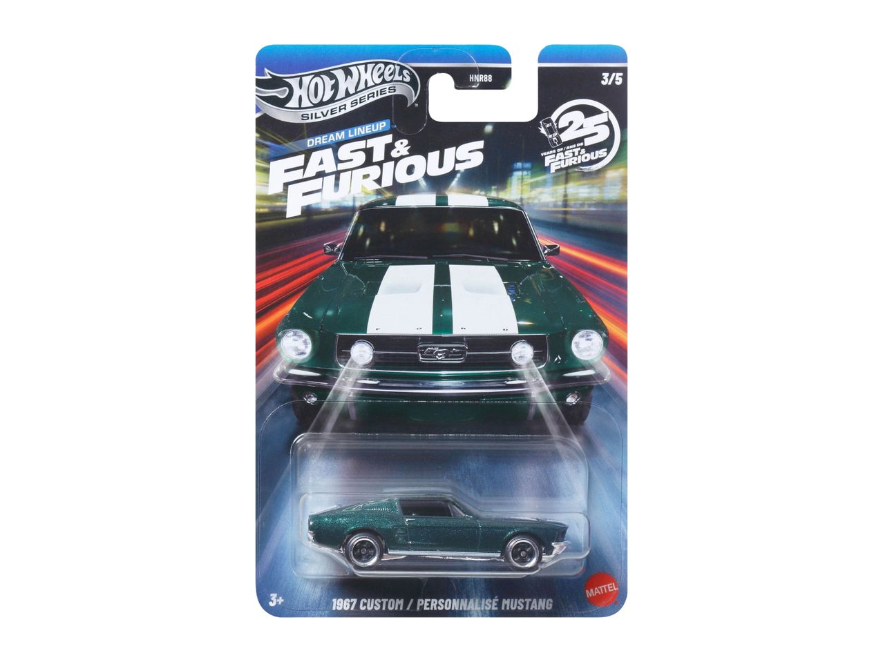 Hot Wheels Fast & Furious 1967 Custom Mustang toy car in green with white stripes.