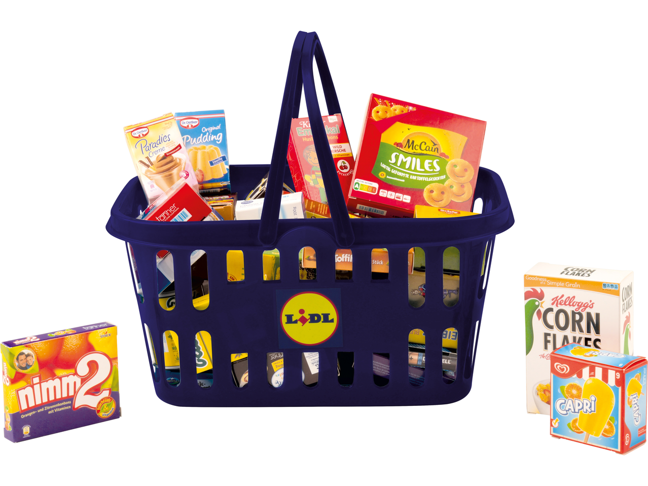 Lilla ostukorv täis erinevaid kaubamärgiga tooteid nagu Dr. Oetker, McCain ja Kellogg's.