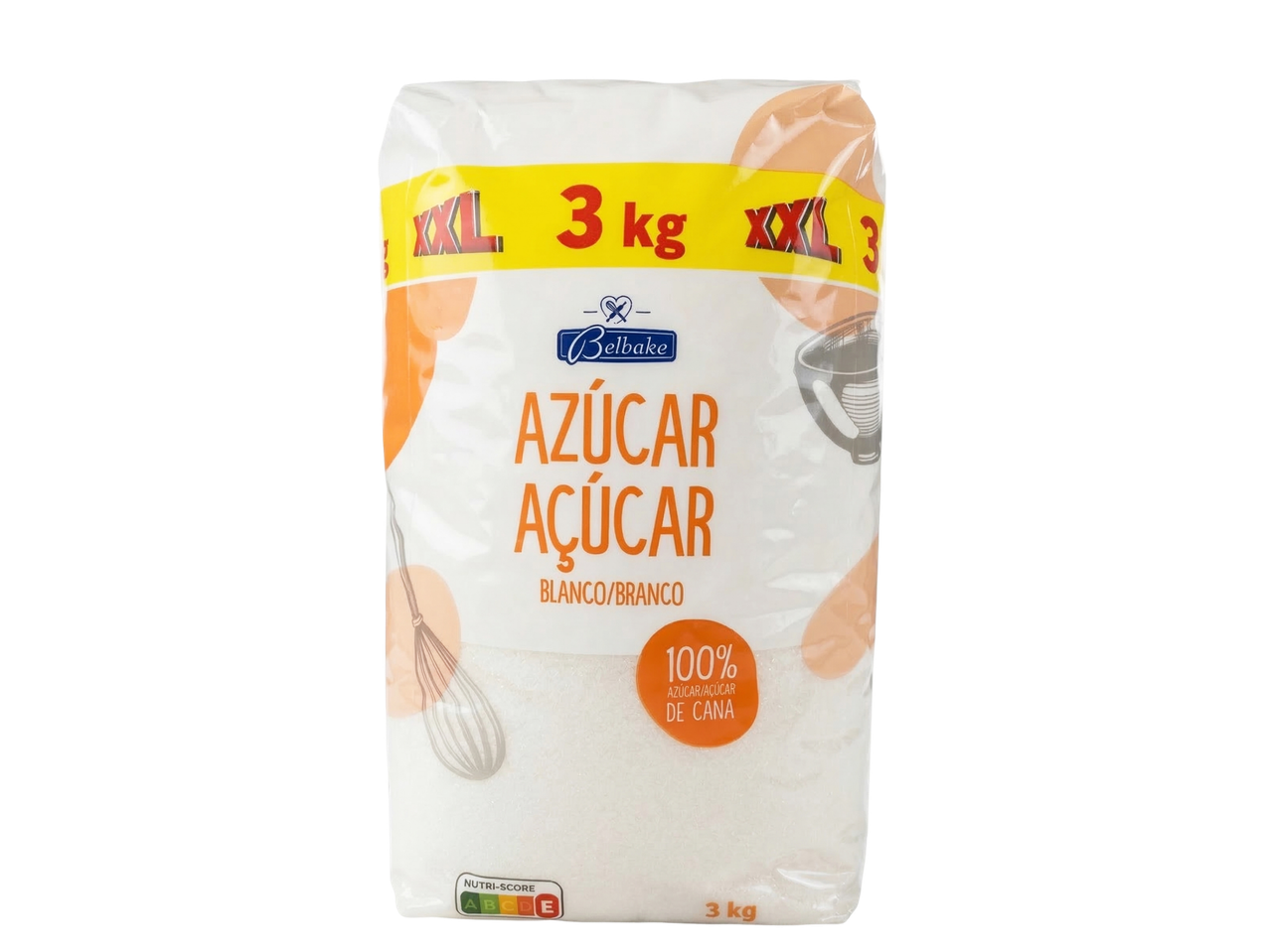 Saco de 3 kg de açúcar branco de cana, com a indicação Nutri-Score.