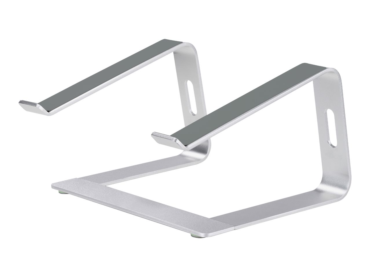 Silver aluminum laptop stand with a minimalist design