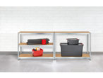 Parkside® Metal Shelving Unit with storage boxes, folded blankets, and a red bucket.