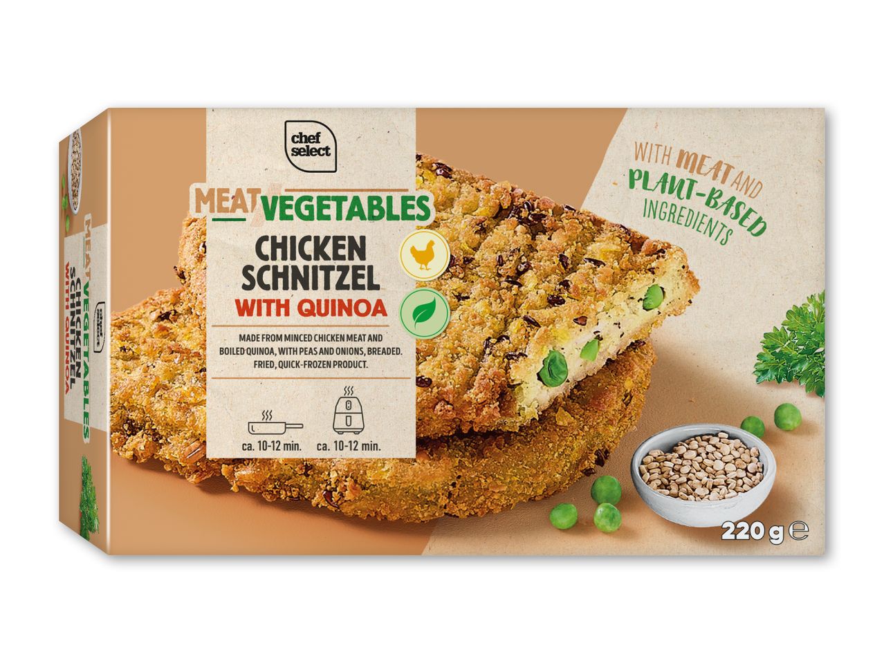 Kyllingeschnitzel med quinoa, 220g, med kød og plantebaserede ingredienser.