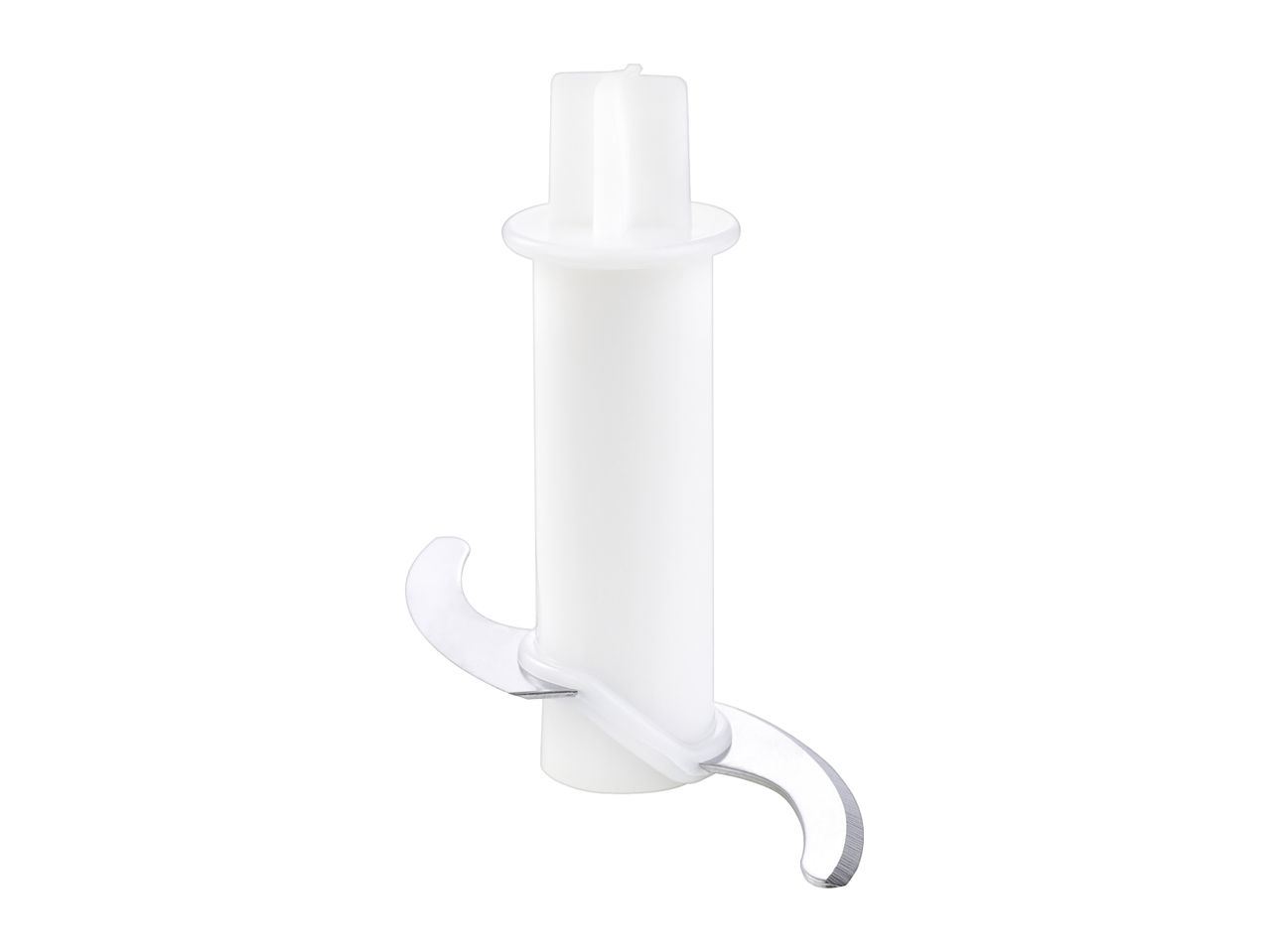 White food processor blade attachment with two curved metal blades