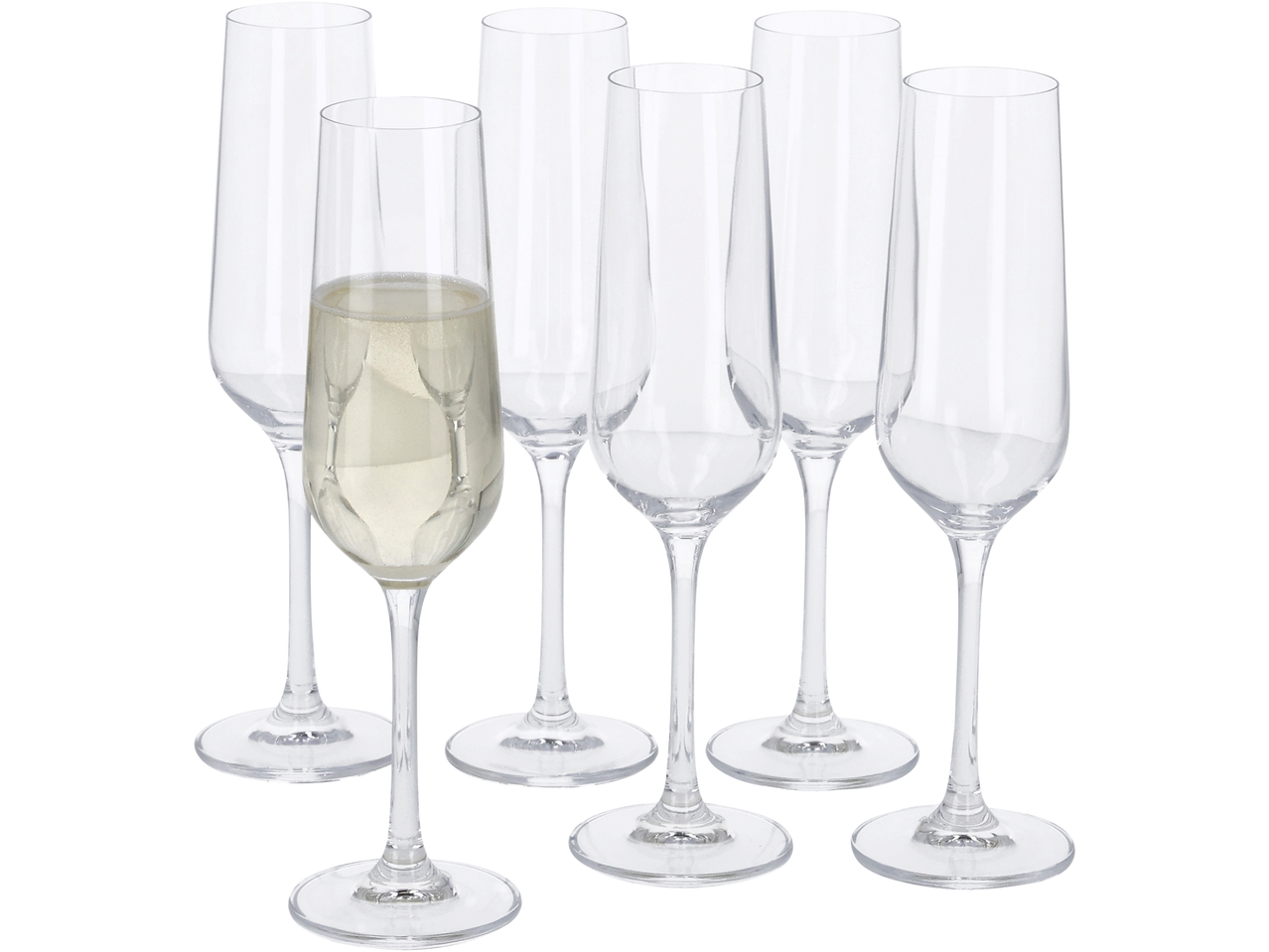 Sept flûtes à champagne, dont une remplie de vin mousseux.